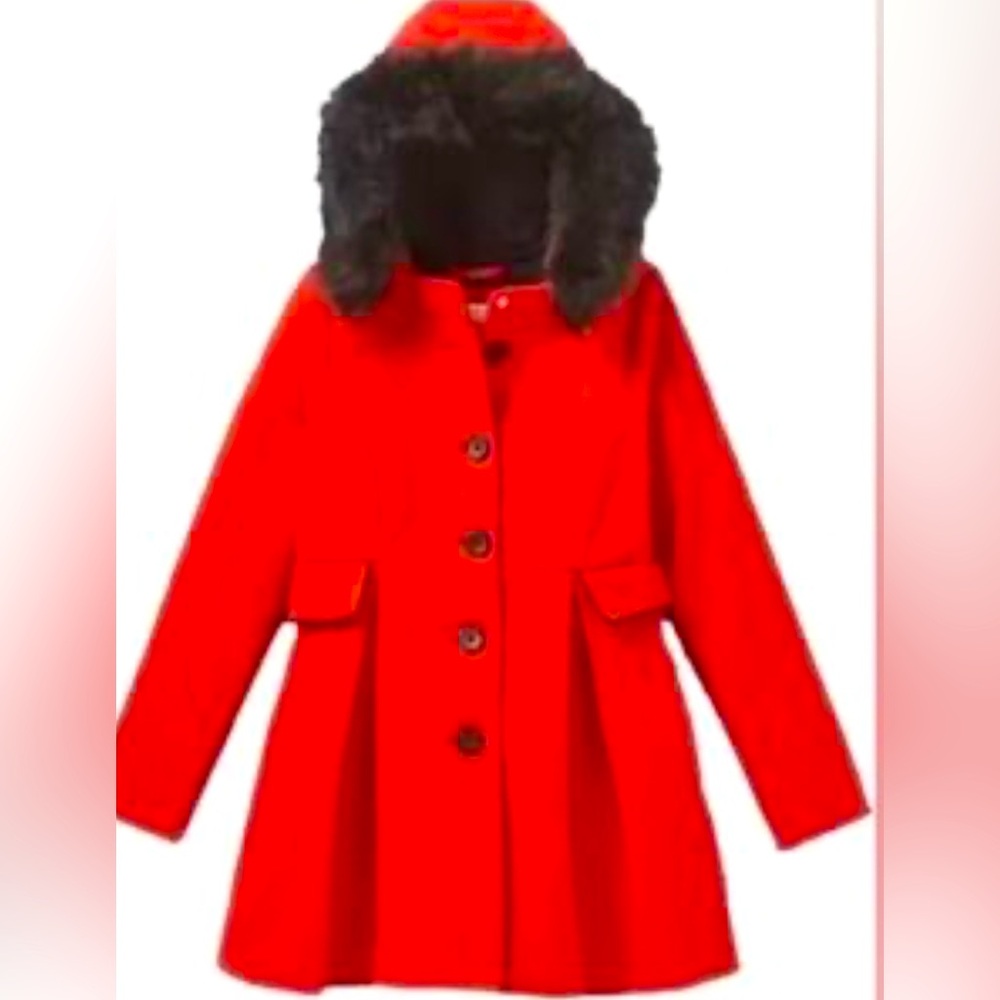 Red Hooded Coat with Black Fur Trim